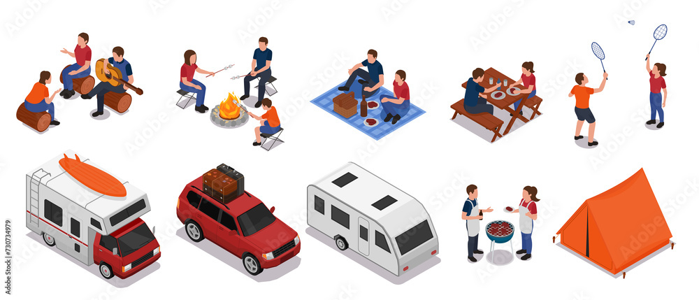 Isometric picnic barbeque original set collection with people having ...