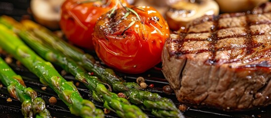 Canvas Print - Close-up view of asparagus spears, tomato, and mushrooms, accompanied by a juicy beef steak.