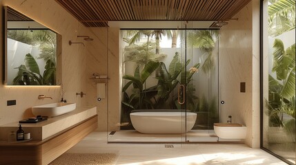 Wall Mural - A modern bathroom with very porous pale white travertine wall and wooden ceiling completely open on luxuriant tropical. Generative AI.