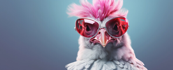 Canvas Print - Stylish chicken in pink sunglasses with a cool attitude on gradient background