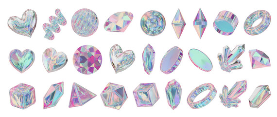 Fototapete - Heart and Gem holographic decoration set pack isolated background 3d rendering 