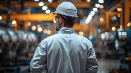 Poster - Worker in safety gear standing before a Watch Manufacturing Plant. Generative AI.