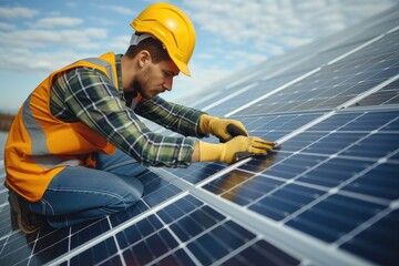 Poster - Solar Panel Installer, Technician wearing a safety helmet and high-visibility vest is installing or maintaining solar panels. Generative AI.