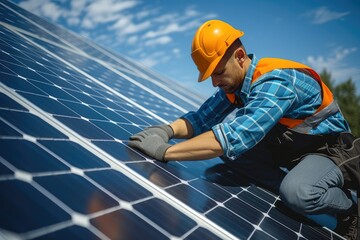 Poster - Solar Panel Installer, Technician wearing a safety helmet and high-visibility vest is installing or maintaining solar panels. Generative AI.