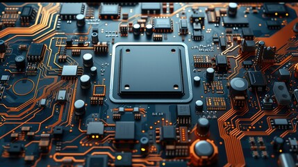 Poster - 3D rendering of an assembled circuit board with electronic components, view from above, color scheme blue. Generative AI.