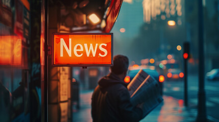 News concept image with News sign and man reading a newspaper