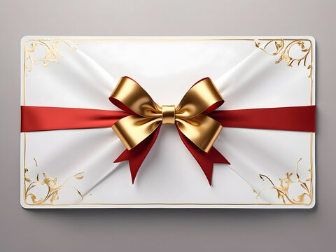 White rectangular card with a large design, a shiny, golden design, and a red bow attached.