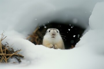Wall Mural - lemming at the opening of an arctic burrow in the snow