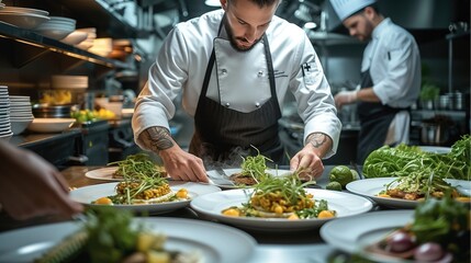 A chefs meticulously plating dishes in a high-end restaurant kitchen in action with surrounded by an array of fresh ingredient. Generative AI.