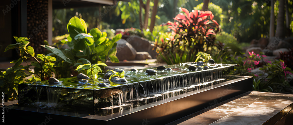 Illustration of water garden decoration in modern home. Surrounded by ...