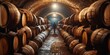 Wine Cellar Adventure: A Man Exploring the Hidden Passage of Barrels Generative AI