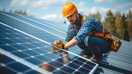 Poster - Man worker installing solar photovoltaic panels on roof. Generative AI.