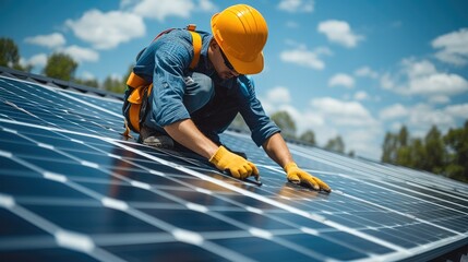 Poster - Man worker installing solar photovoltaic panels on roof. Generative AI.
