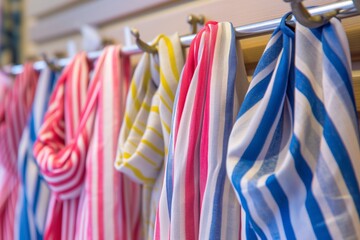 Wall Mural - striped spring scarves hanging from hooks on a slatwall display