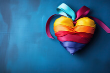 Multi-colored Ribbons Collected In The Shape Of A Heart On A Blue Background. Generated By Artificial Intelligence