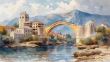Fototapeta  - Watercolor painting of Mostar Old Bridge