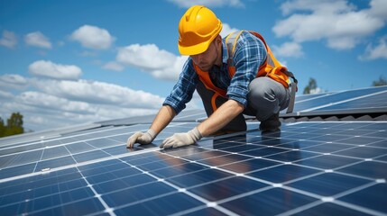 Poster - Industrial worker solar system installation, Man worker installing solar photovoltaic panels on roof, alternative energy concept. Generative AI.