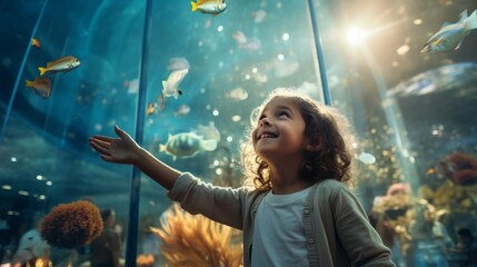 Wall Mural - A surprised little girl with an outstretched hand is watching tropical fish, marine life in a large aquarium. Fun holidays, family weekends, Sightseeing concepts.