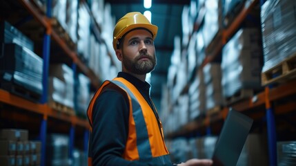 Poster - A employee with laptop coordinates delivery in industrial warehouse, merchandise in boxes placed on storage room racks. Generative AI.