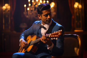 
Portrait of a 30-year-old male Indian singer performing classical music at an elegant concert hall