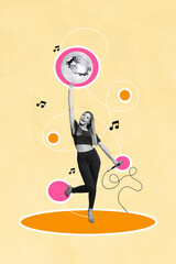 Canvas Print - Vertical collage poster young dancing girl performance show disco club singer microphone joyful weekend event positive carefree mood