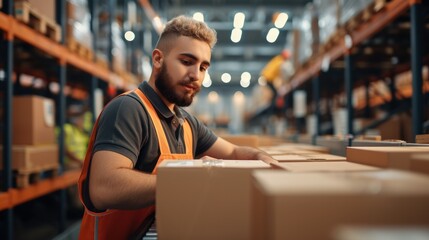 Poster - A male employee checking cardboard boxes on conveyor belt at distribution warehouse, storage, delivery and packaging service, e-commerce. Generative AI.