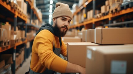 Poster - A male employee checking cardboard boxes on conveyor belt at distribution warehouse, storage, delivery and packaging service, e-commerce. Generative AI.