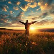 © callmeers - A person seen from behind is in a wide field and stretches out his arms to feel the joy of life when the sun rises, the concept of healing the soul, time for yourself etc. Generative ai