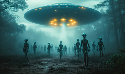 Eerie extraterrestrial beings with slender bodies advancing under a hovering UFO in a misty forest at twilight, depicting a sci-fi alien invasion