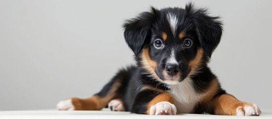 Poster - A carnivorous terrestrial animal, the puppy, belonging to the dog breed, is lying on a table, gazing at the camera as a potential companion and working dog.