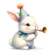 Bunny wearing a party hat and blowing a horn.  watercolor illustration. easter day clipart.