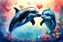 Dolphin Cute Couple Logo Design Watercolor Illustration