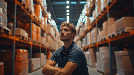 Aufkleber - Man working in logistic warehouse, Fulfillment, logistics, transportation background. Generative AI.