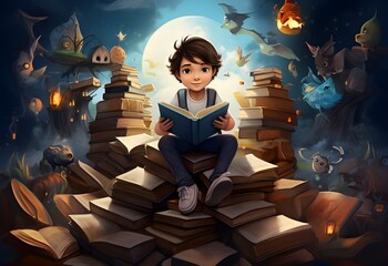 Canvas Print - boy reading a lot of books in learning library magic world, cartoon illustration