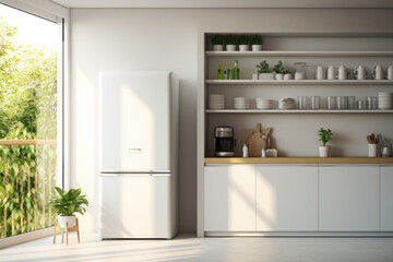 Aufkleber - A white refrigerator is pictured in a kitchen next to a window. This image can be used to showcase modern kitchen appliances