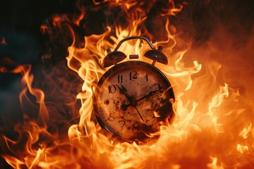 Aufkleber - A clock is engulfed in flames, creating a striking and dramatic image. This picture can be used to symbolize the passing of time, urgency, or the concept of time running out