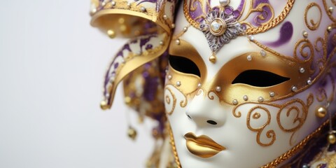Poster - A close-up shot of a mask resting on a table. Perfect for adding an element of mystery and intrigue to your designs