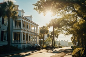 Poster - A street scene with parked cars and beautiful palm trees. Perfect for urban or tropical themed projects