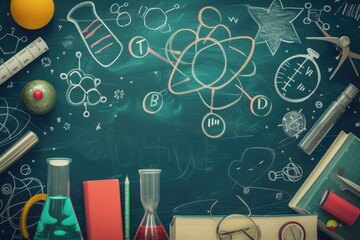 Canvas Print - A blackboard with various science related items. Can be used for educational purposes or as a background for science-themed projects