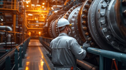 Aufkleber - A worker in a thermal power plant is repairing equipment, surrounded by knowledge of thermodynamics and high temperature environment. Generative AI.