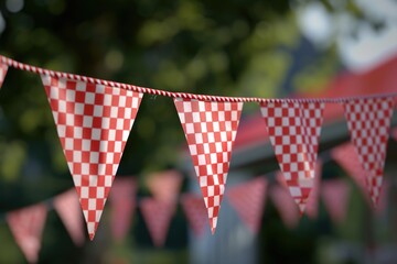 Poster - A row of red and white checkered bunting flags. Perfect for adding a festive touch to any celebration or event