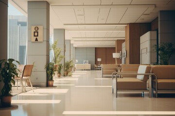 Poster - A hospital lobby filled with numerous chairs and lush green plants. Perfect for healthcare and medical-related designs