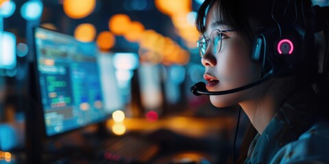 Poster - A woman wearing a headset sitting in front of a computer. Suitable for customer service, tech support, or online communication concepts