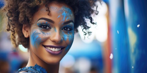 Poster - A woman with blue paint on her face. Suitable for artistic projects or Halloween-themed designs