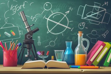 Aufkleber - A blackboard with a microscope, books, and other school supplies. Perfect for educational and scientific concepts