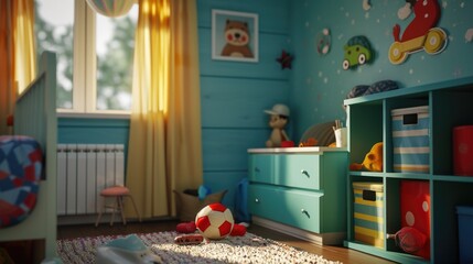 Poster - A child's room featuring a ball on the floor. This image can be used to depict playtime, childhood, or a child's bedroom decor
