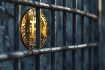 Poster - A gold Bitcoin sits on top of a metal fence. Suitable for illustrating cryptocurrency investments.