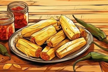 Poster - Freshly harvested corn and vibrant peppers arranged on a table. Perfect for food-related projects and farm-to-table concepts
