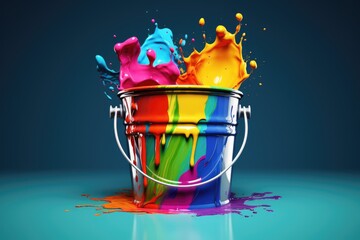 Sticker - A bucket full of colorful paint on a blue surface. This image can be used for various creative projects