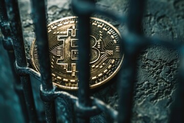 Aufkleber - A close-up view of a bitcoin seen through a chain link fence. This image can be used to illustrate concepts related to cryptocurrency, blockchain technology, finance, and security